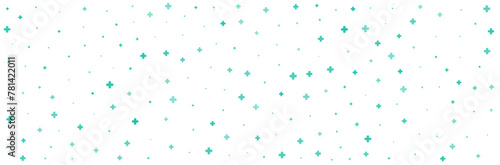 Green or plus symbols of different sizes and opacity on white background. Abstract pattern of blue medical cross or mathematical plus pictogram. Vector illustration on cyan background with stars.