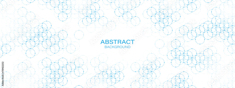 Abstract blue background frame. Texture of intertwined circles, dots, particles. Strong network. Ornament pattern. Banner for presentation, business, technology, medicine, logo. Abstract blue background frame. Texture of intertwined circles, dots, particles. Strong network. Ornament pattern. Banner for presentation, business, technology, medicine, logo.