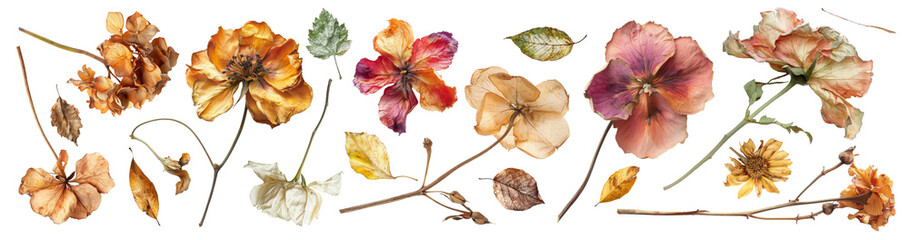 Collection, collage of dried flowers and leaves isolated on transparent banner background