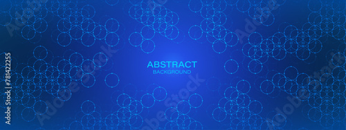 Abstract blue background frame. Texture of intertwined circles, dots, particles. Strong network. Ornament pattern. Banner for presentation, business, technology, medicine, logo.
