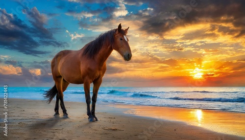 Dusk Delight: Horse Standing on Sandy Beach with Orange Sunset Sky