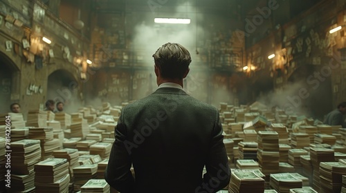 businessman holding a pile of paper banknotes while sorting and counting inside bank vault
