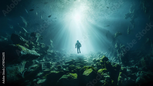 scuba diver gracefully navigates through the ocean depths. The azure waters provide a serene backdrop as the diver encounters colorful coral reefs and marine creatures