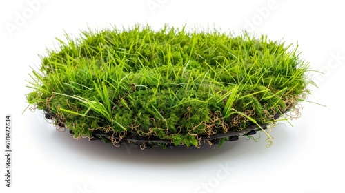 Round floating patch of short Artificial Turf, isolated on a white background, high-angle shot