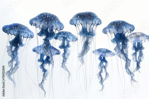 A serene cluster of  jellyfish gracefully drifts in a tranquil underwater scene, with their tentacles trailing delicately in the water. © bajita111122