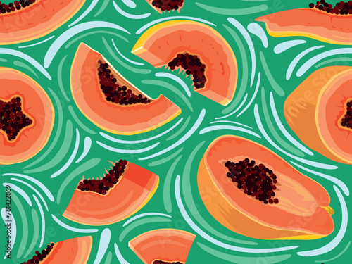 Hand drawn seamless pattern with bright papaya fruits, cut into slices and in half. Vector illustration, retro 1970s style.