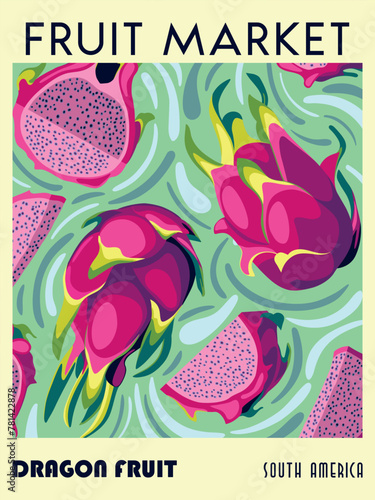 Dragon Fruit Market retro poster. Handmade drawing vector illustration. Can be used for posters, banners, postcards, books etc. © alaver