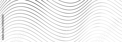 Black wavy lines that go from thin to thick. Striped waves drawn in ink. Abstract geometric background with monochrome water surface texture. Vector illustration of diagonal curved lines