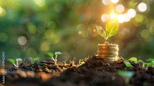 Inspirational image of a small plant growing on top of a stack of coins in soil, depicting financial growth and investment