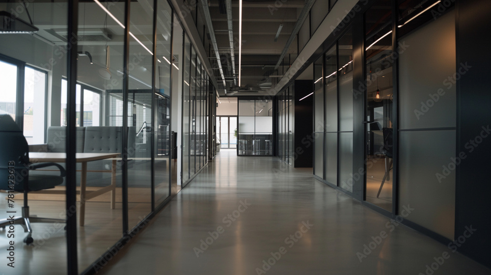 a large empty office with a glass wall 