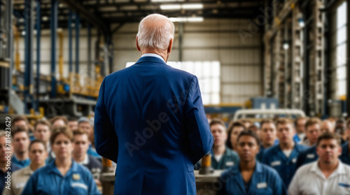 Democrat politician stands tall amidst a sea of supporters at rally. Back view of presidential candidate delivering a speech to factory workers
