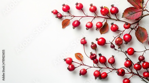 Top view of rosehips kept on a clean white surface with a big space for text or product, Generative AI.
