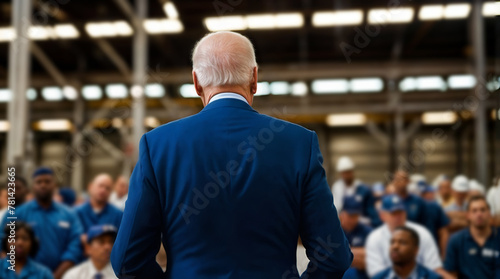 Democrat politician stands tall amidst a sea of supporters at rally. Back view of presidential candidate delivering a speech to factory workers