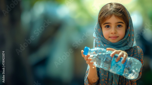 Poster with a little girl in a headscarf holding a plastic water bottle, blurred background with space for a concept about the problem of access to drinking water, banner for World Water Day