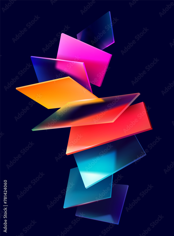 3D colorful squares and rectangles on dark background. Art geometric shapes in glass morphism style. Abstract vector design elements. - obrazy, fototapety, plakaty 