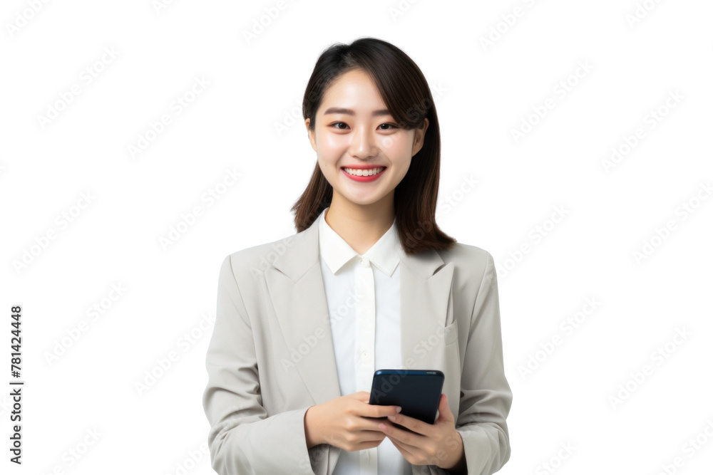 East Asian Woman Smiling with Smartphone East Asian Woman Smiling with Smartphone