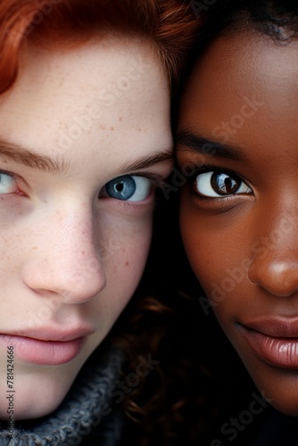 Vertical portrait of two multiracial friends. They press face to face. Generative AI. © Budjak Studio
