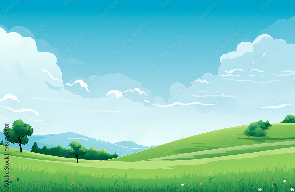 Sunny Storybook Grassland with Rolling Hills and Blue Sky, Children’s Illustration