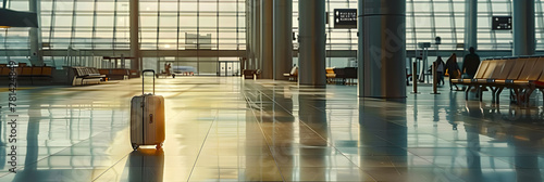 An image that captures the solitude of travel with a single carry-on in a vast, empty airport space photo