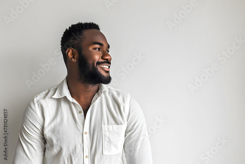 smile black man in family tone. Happy black male in everyday wear on white background.