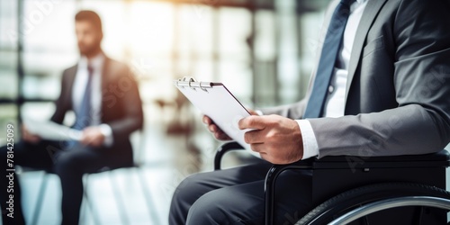 Positive disabled young man in wheelchair working in office. Company CEO in wheelchair reading business report. Generative AI. © Budjak Studio
