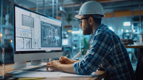 Over the Shoulder Shot of Engineer Working with CAD Software on Desktop Computer, Screen Shows Technical Drafts and Drawings. In the Background Engineering Facility Specialising on Industrial Design © PaulShlykov