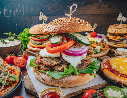 mesa repleta comida con hamburguesa colorida y sabrosa