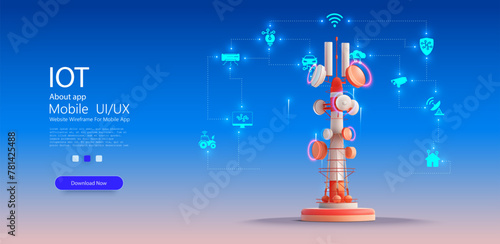 Antenna for wireless network. A vivid depiction of modern connectivity, this illustration features a central tower with a web of digital icons. Futuristic Communication Tower with Icons. 