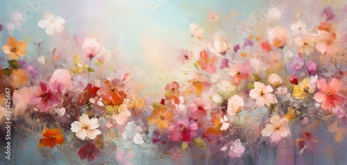 colorful cosmos field, wildflowers beautiful dreamlike scenery oil painting style spring flower blossoming artful illustration background, fantasy whimsical atmosphere, Generative Ai