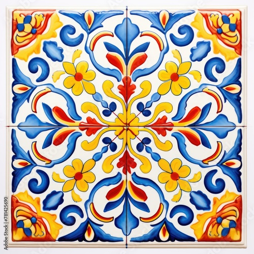 Elegant Spanish Majolica Tiles with Intricate Floral and Geometric Designs in Cobalt Blue  Sunny Yellow  and Warm Red