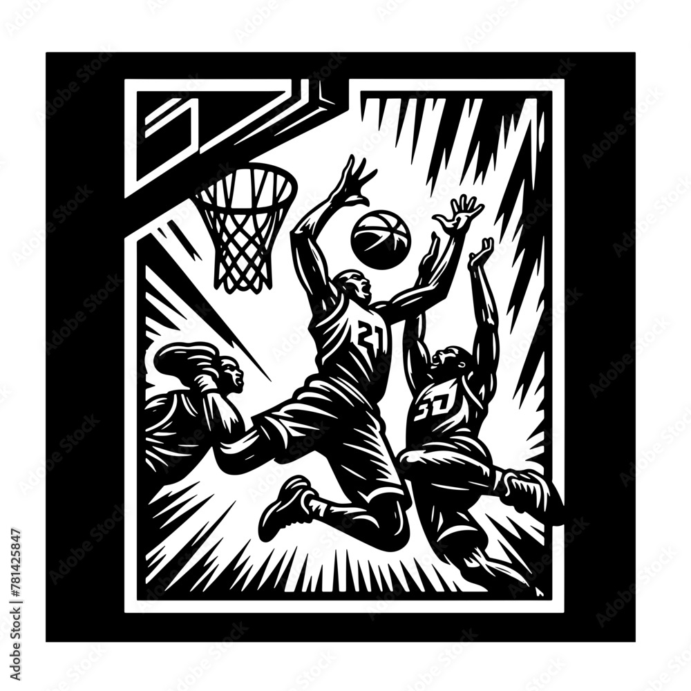 Cartoon Black and White Isolated Illustration Vector Of A Basketball Player Dunking A Basketball