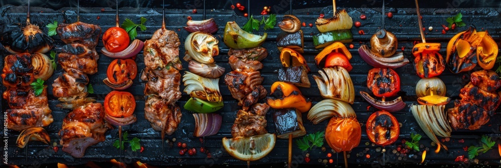 Grilled Lule Kebab, Barbecue Vegetables, Fish on Grill Big Set, Skewered Bbq Minced Meat Mix