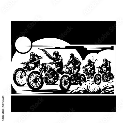 Cartoon Black and White Isolated Illustration Vector Of A Motorcycle Gang in a Gunfight