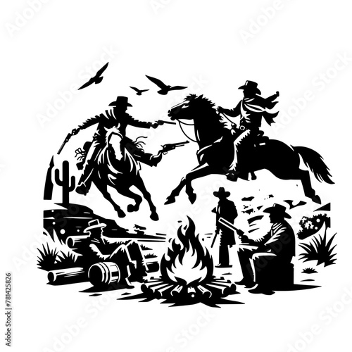 Cartoon Black and White Isolated Illustration Vector Of Cowboys In A Gunfight