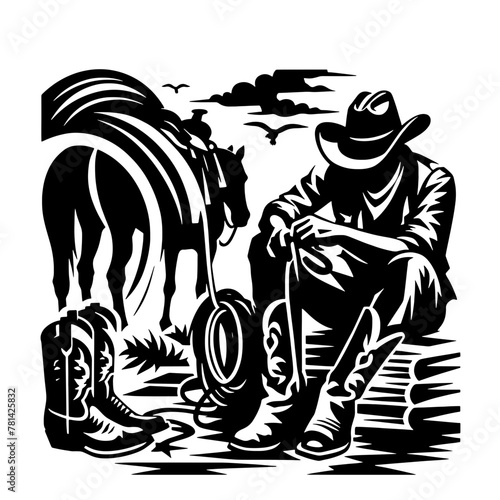 Cartoon Black and White Isolated Illustration Vector Of A Cowboy Sitting By A Fire with Horse and Boots Nearby