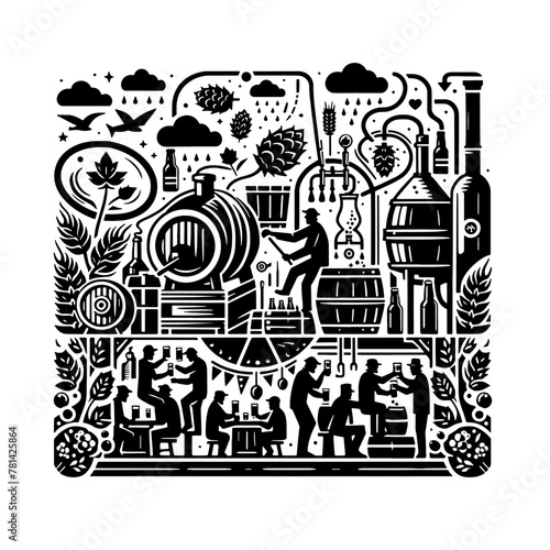 Cartoon Black and White Isolated Illustration Vector Of A Working Brewery 