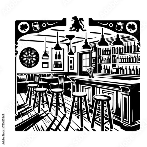Cartoon Black and White Isolated Illustration Vector Of An English Pub Beer Bar