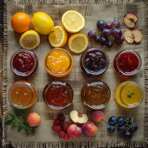 Various Homemade Jam Set, Pozzy Big Collection with Tea and Sliced Lemon on Rustic Tablecloth photo