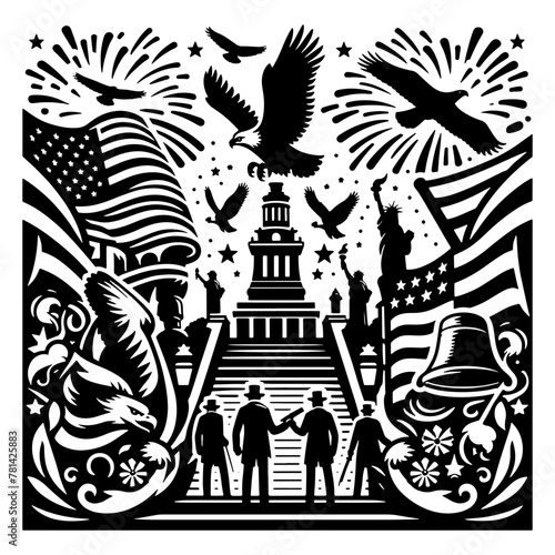 Cartoon Black and White Isolated Illustration Vector Of An American Themed Design with Flags Eagle and Founding Fathers