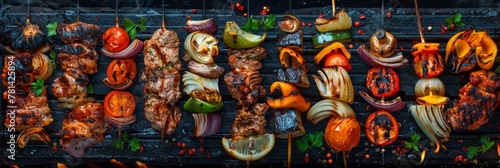 Grilled Lule Kebab, Barbecue Vegetables, Fish on Grill Big Set, Skewered Bbq Minced Meat Mix