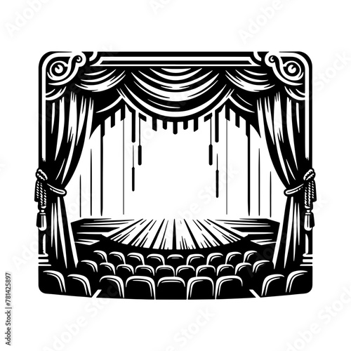 Cartoon Black and White Isolated Illustration Vector Of An Opera Theatre Stage