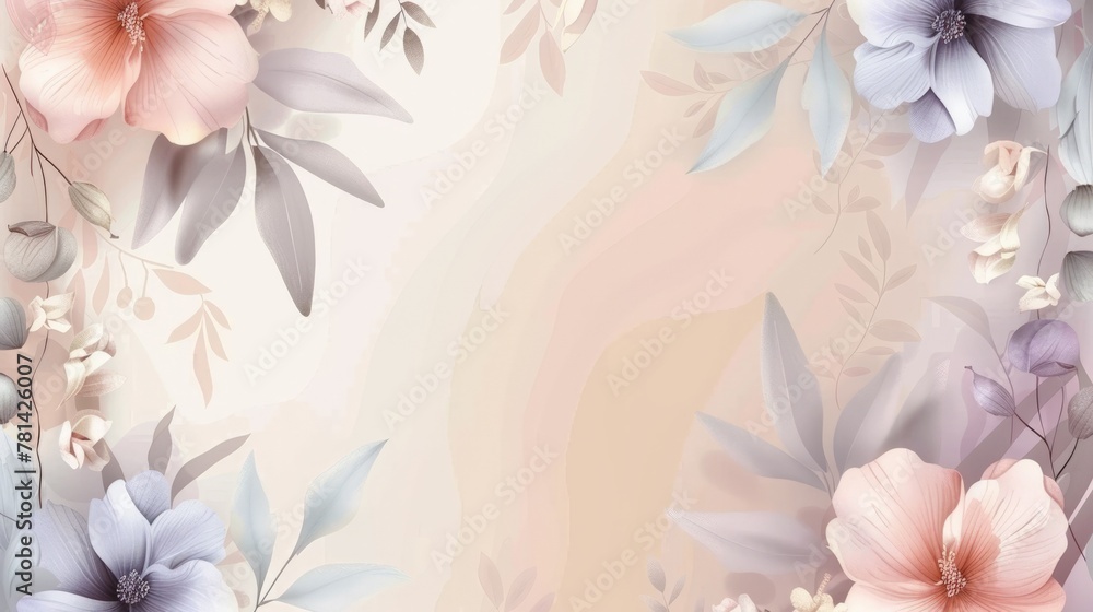 Fototapeta premium Pastel floral wallpaper, elegant soft-toned flowers and leaves design, banner with copy space