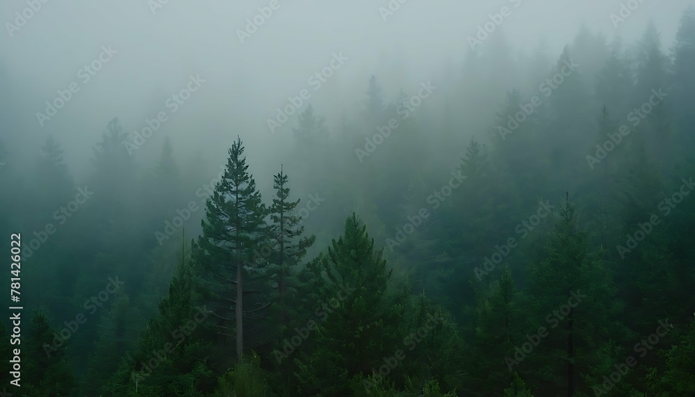 Dreamy valley landscape, a vast evergreen forest bathed in soft morning light. Layers of translucent mist create a sense of depth and tranquility. Bird's eye view