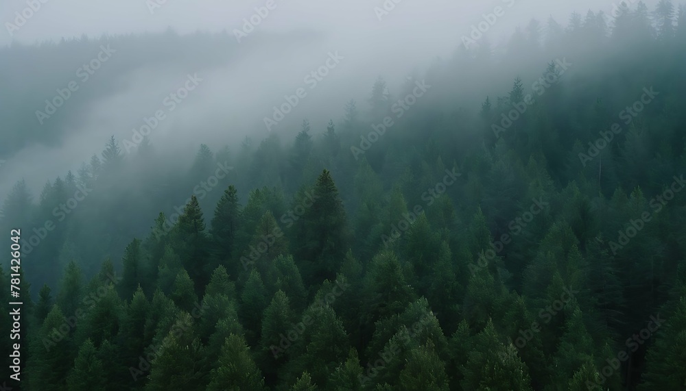 Dreamy valley landscape, a vast evergreen forest bathed in soft morning light. Layers of translucent mist create a sense of depth and tranquility. Bird's eye view
