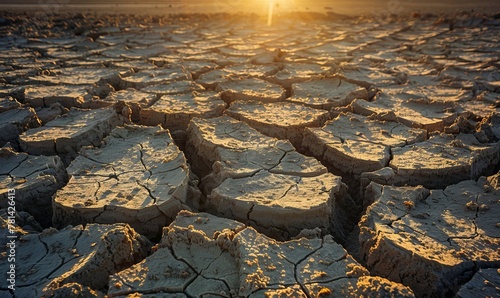 Sunrise over parched earth, dry cracked soil