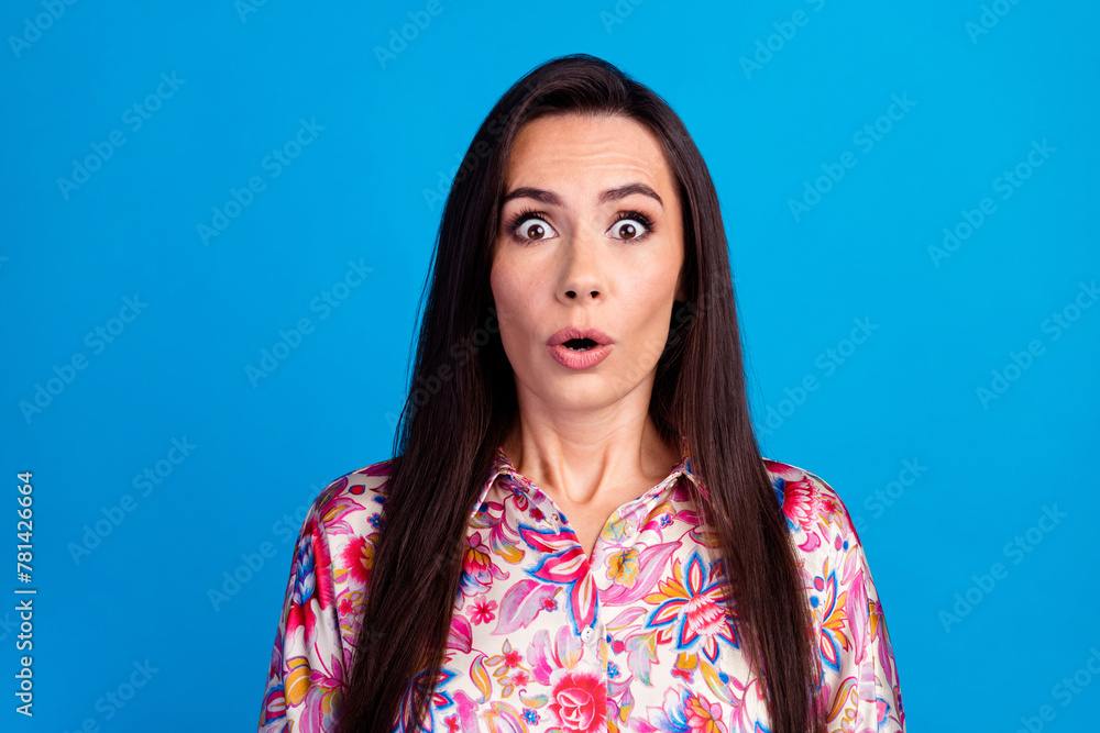 Fototapeta premium Photo of impressed funky lady dressed print blouse big eyes isolated blue color background