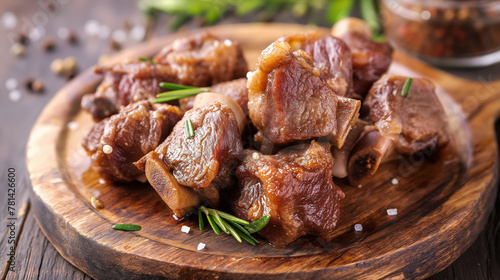 Delectable grilled meat chunks seasoned with herbs and spices, presented on a rustic wooden cutting board. photo