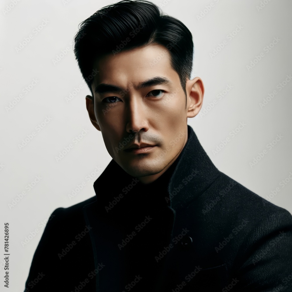 A handsome Asian man with short, stylish hair exudes confidence against a pure white background A handsome Asian man with short, stylish hair exudes confidence against a pure white background