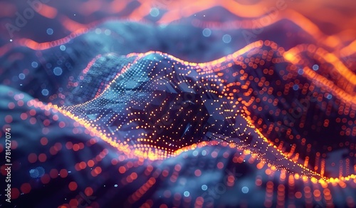 Abstract digital landscape with flowing particle waves and vibrant bokeh