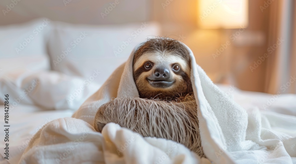 Fototapeta premium A cute smiling sloth in a white towel is lying on the bed, in a warm and cozy home background